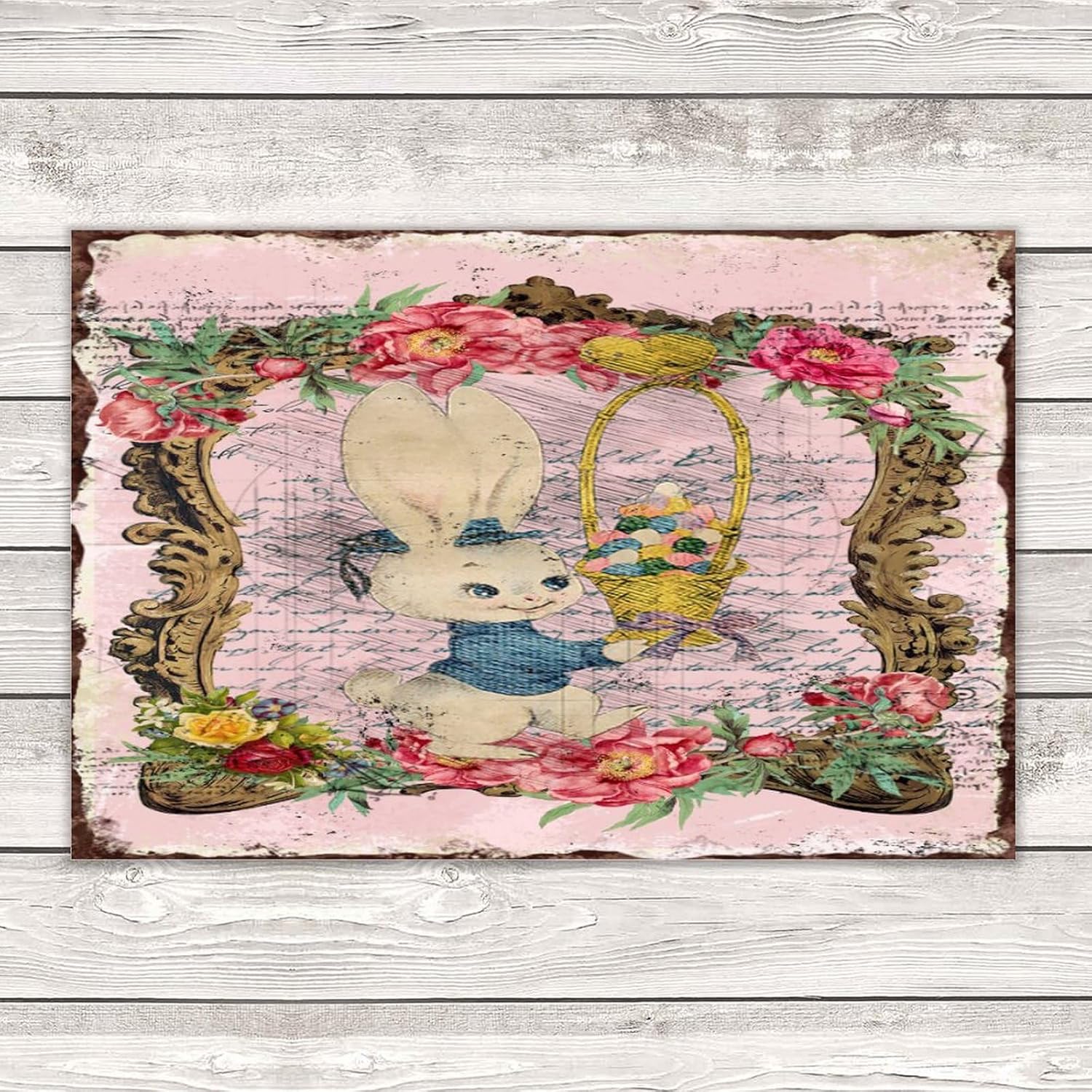 Easter French Bunny Wreath Wall Decor 12x18 Inch