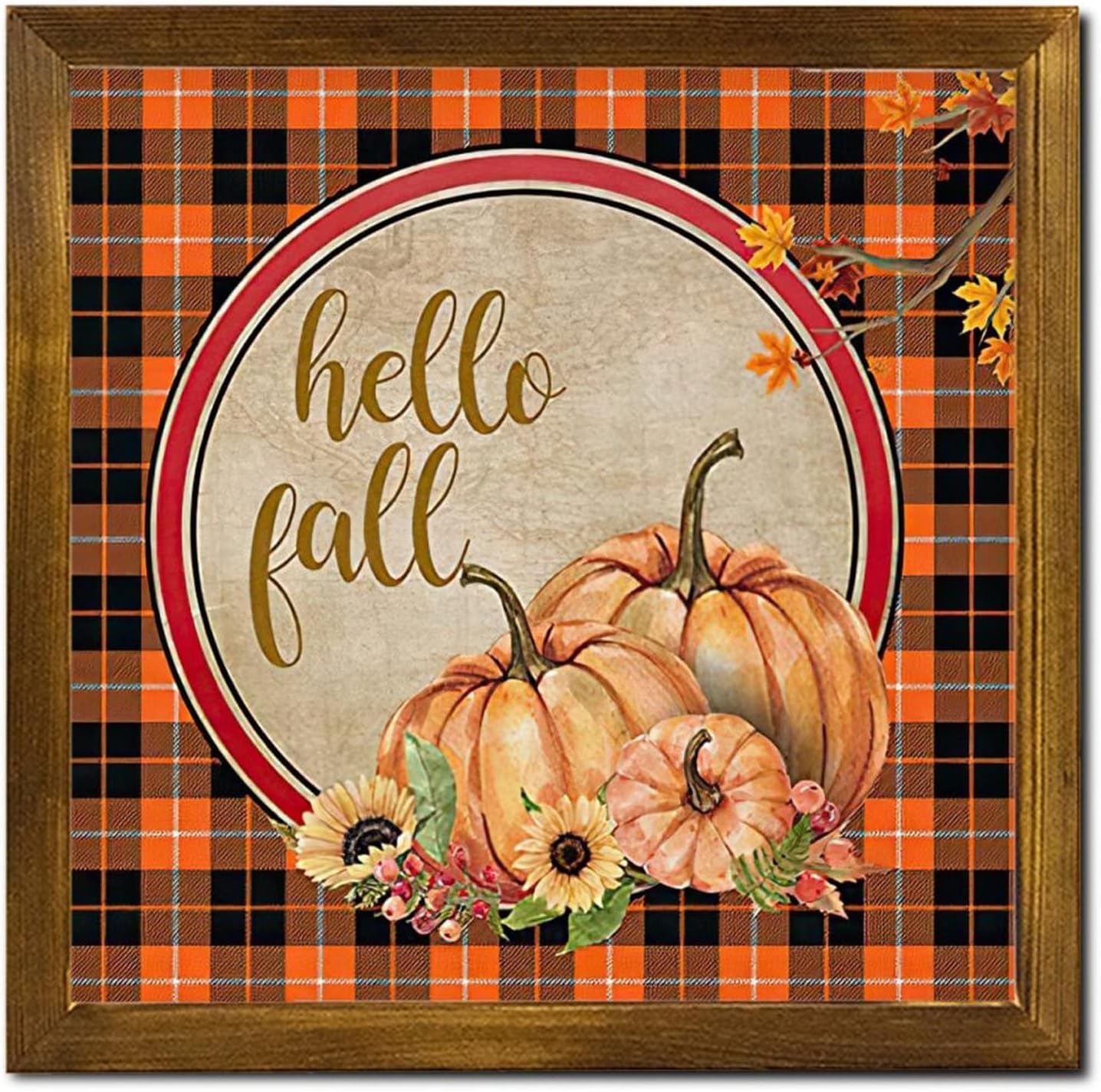 Hello Fall Buffalo Plaid Pumpkin Framed Wood Sign 12x12