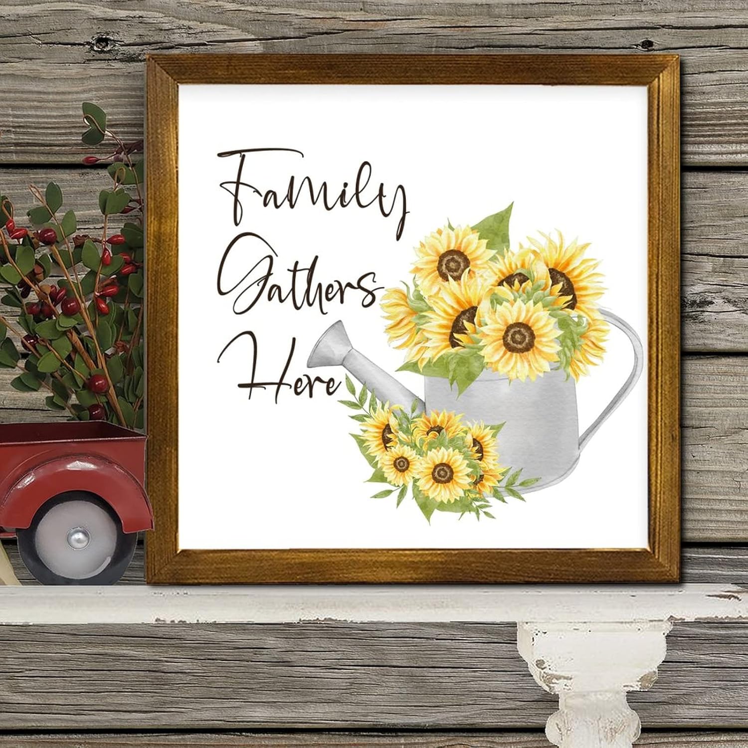 Family Gathers Here Framed Wood Sign 12x12 Inch 1