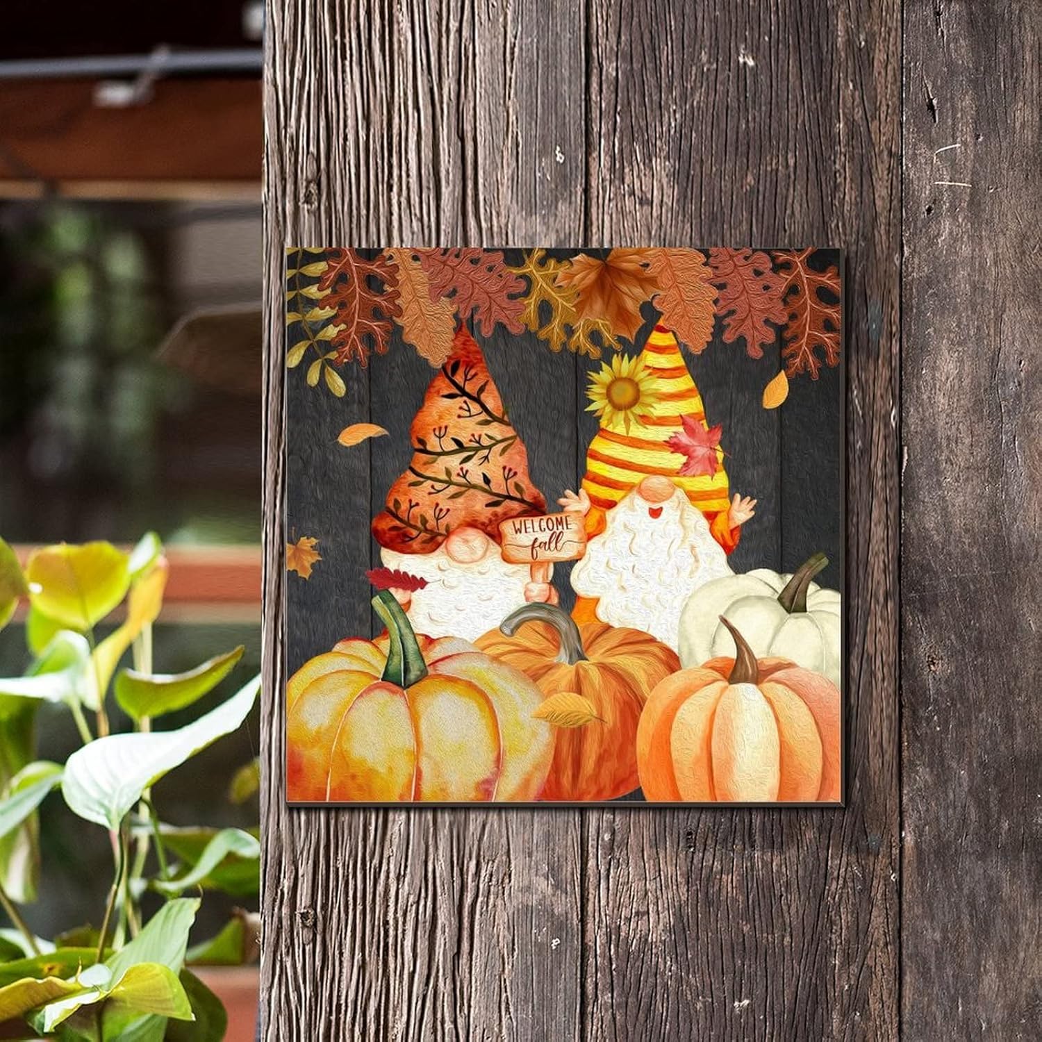 Welcome Fall Gnome Wooden Wall Sign 14x14in