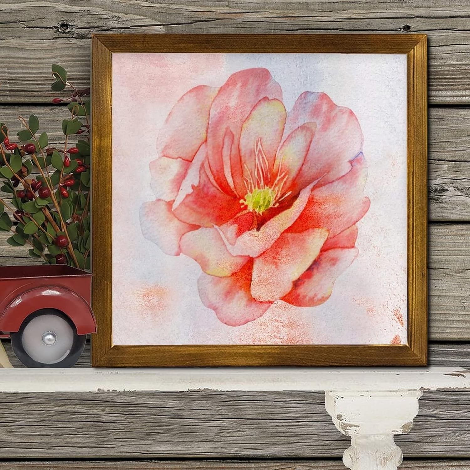 Retro Orange Hibiscus Flower Framed Wooden Sign 12x12 inch