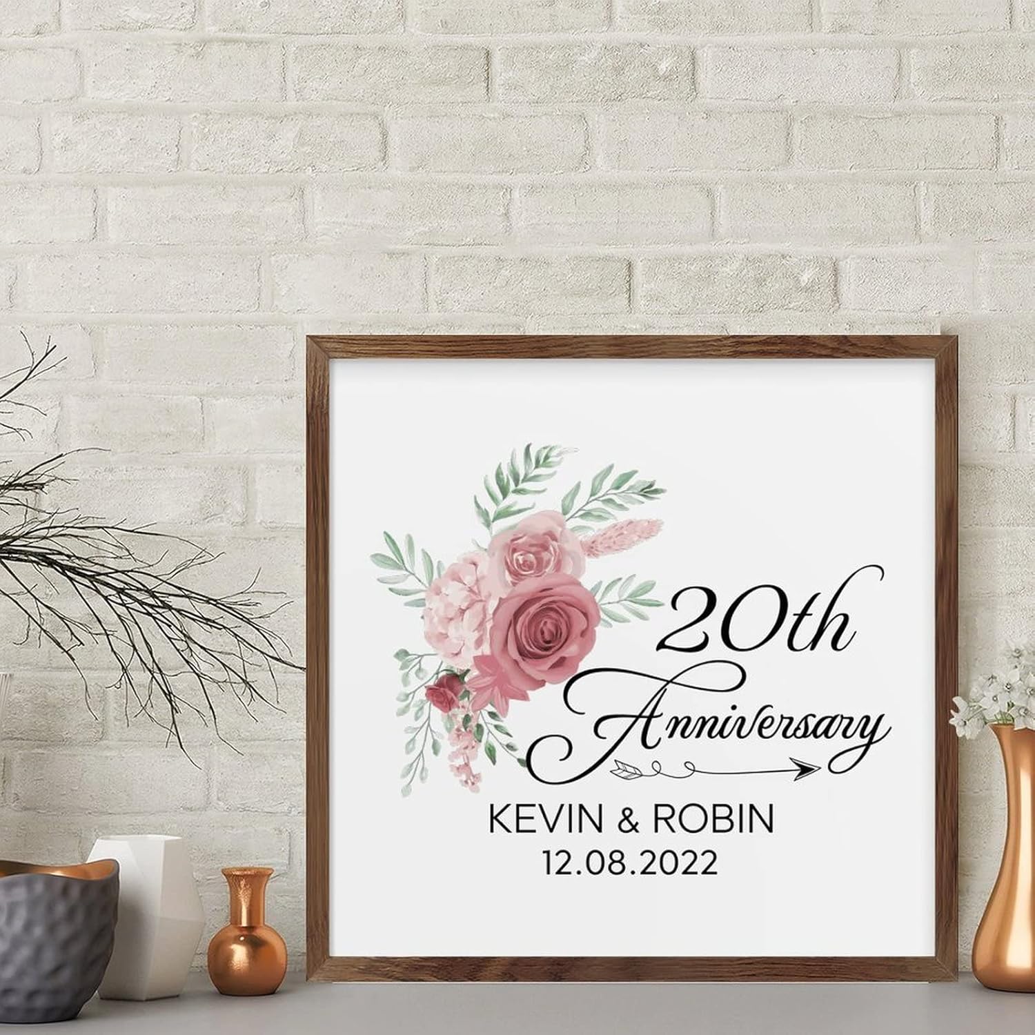 Pink Rose 20th Anniversary Personalized Wood Framed Sign