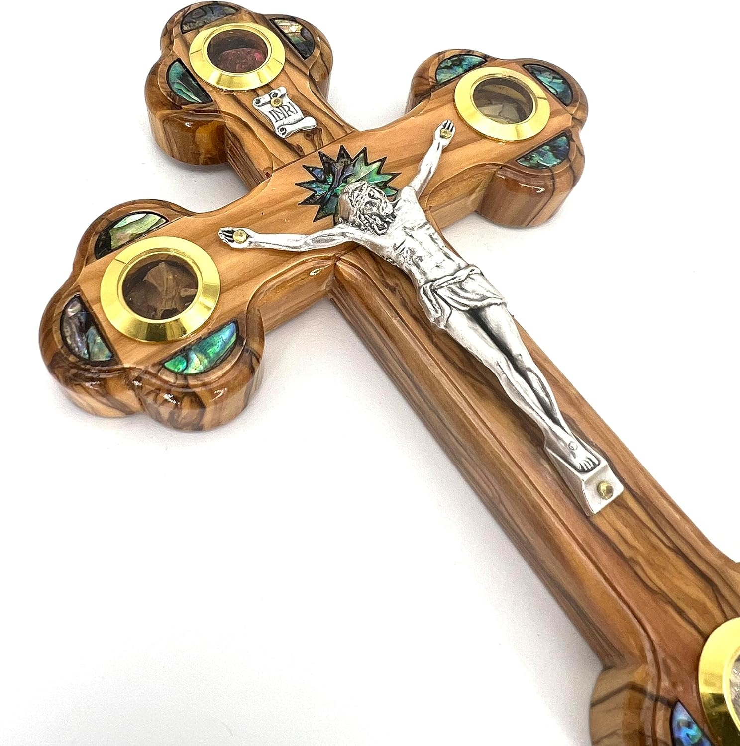 9 Inch Handmade Olive Wood Wall Cross with Relics