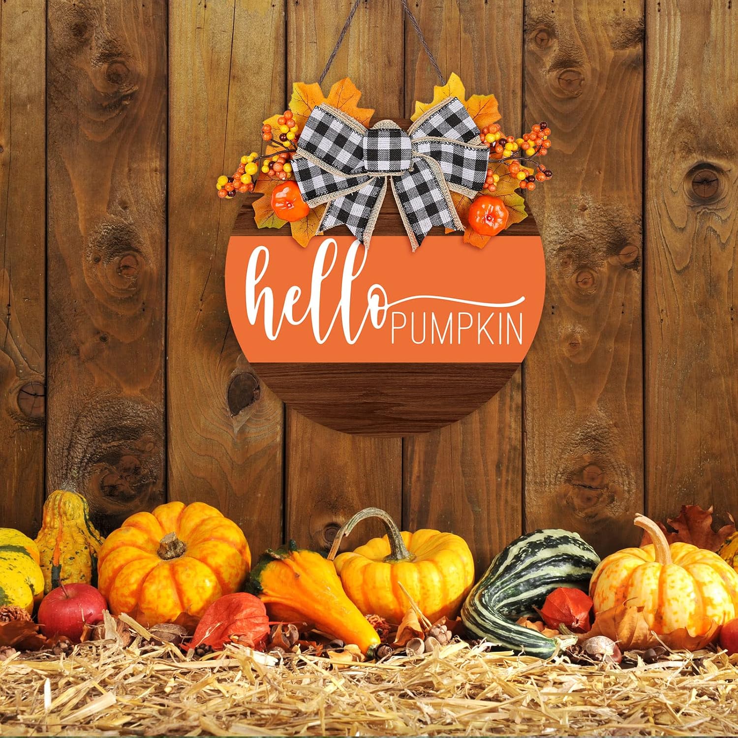 Whaline Fall Thanksgiving Welcome Wooden Sign with Bow and Berries