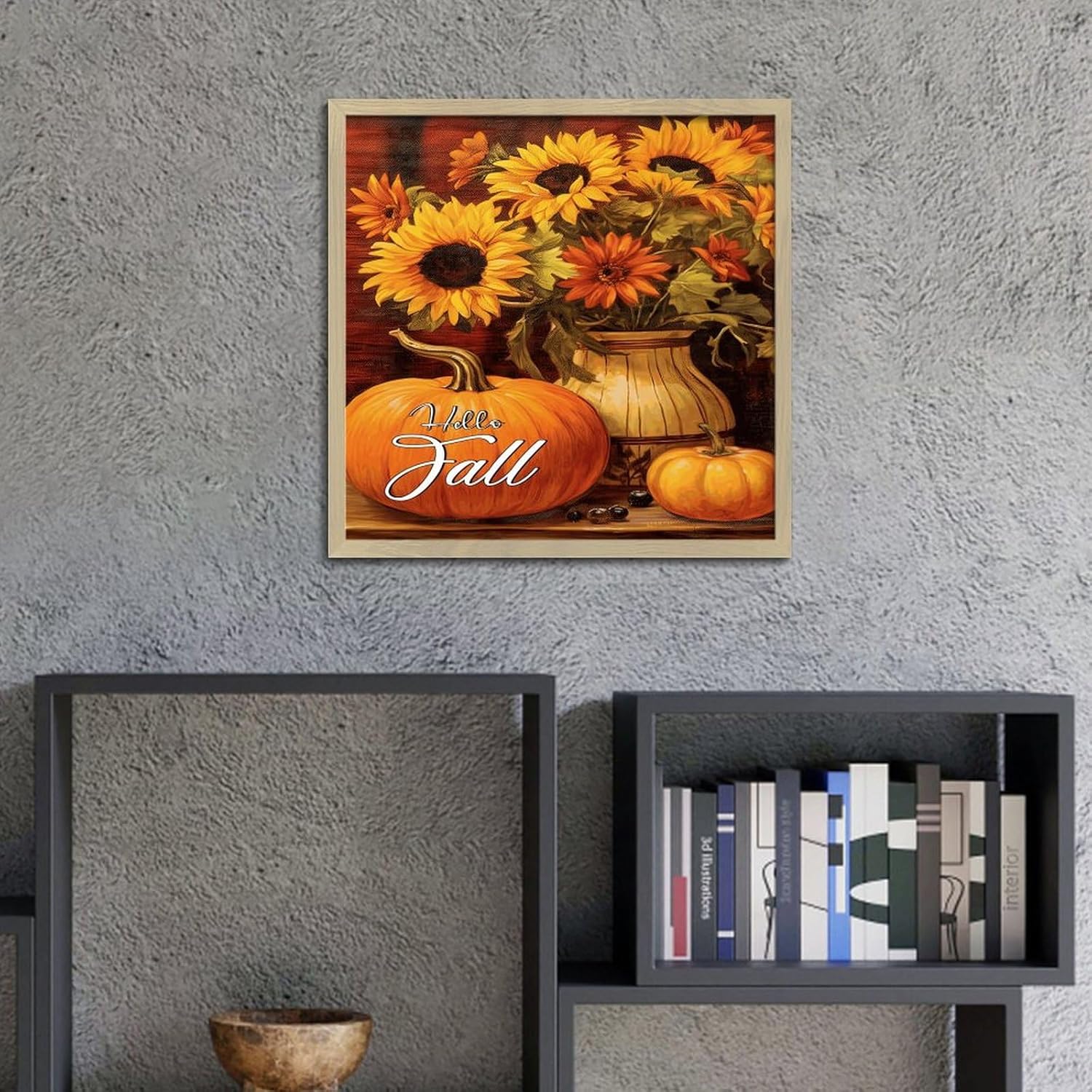 Hello Fall Rustic Framed Wall Art 12x12in Wood Sign with Sayings