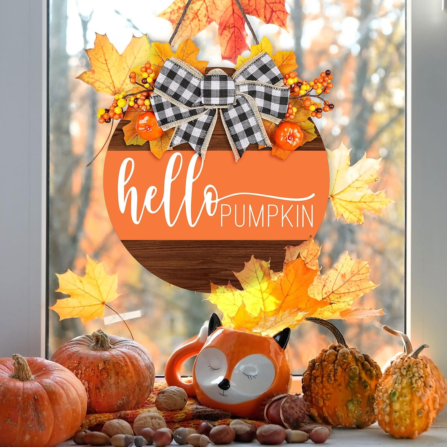 Whaline Fall Thanksgiving Welcome Wooden Sign with Bow and Berries