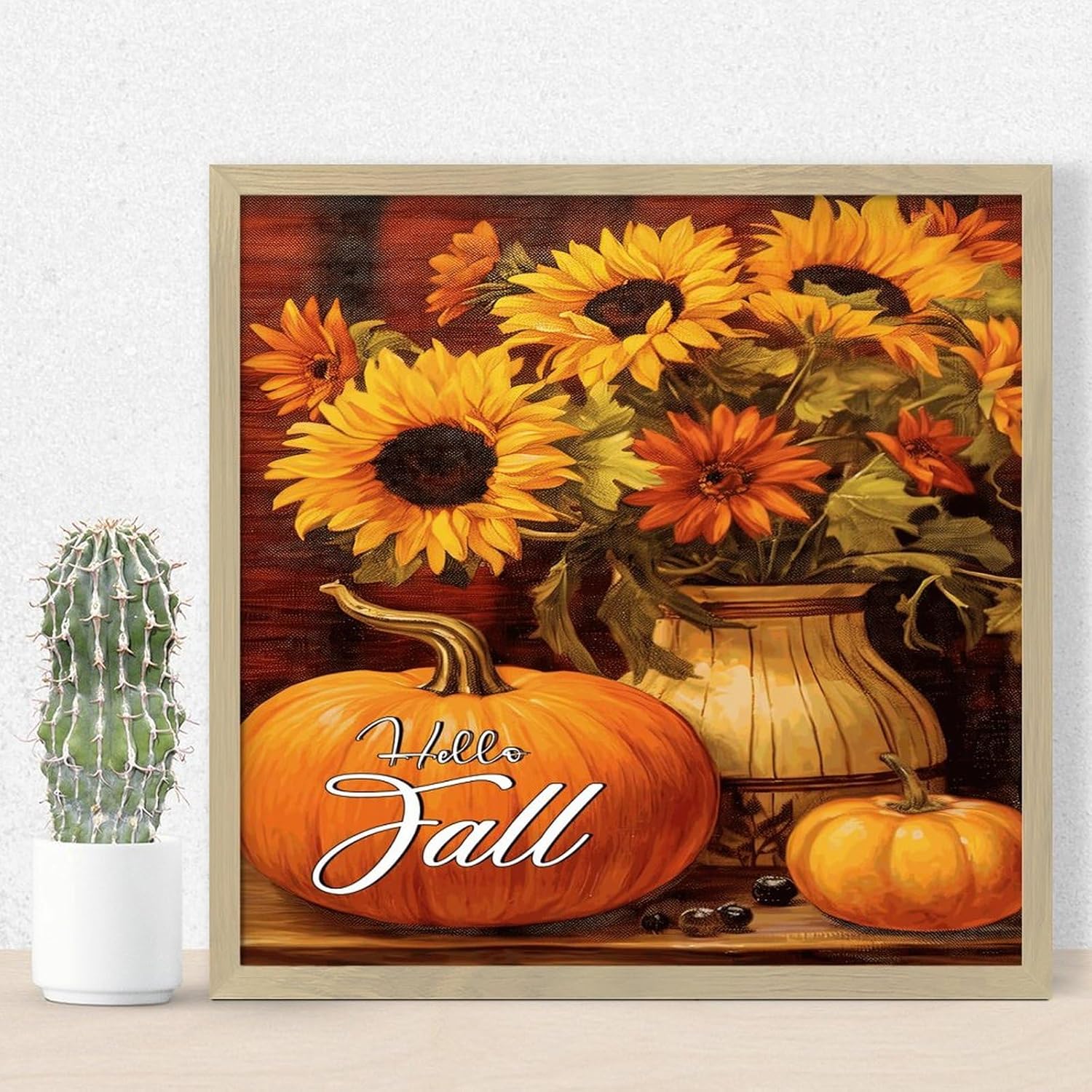 Hello Fall Rustic Framed Wall Art 12x12in Wood Sign with Sayings