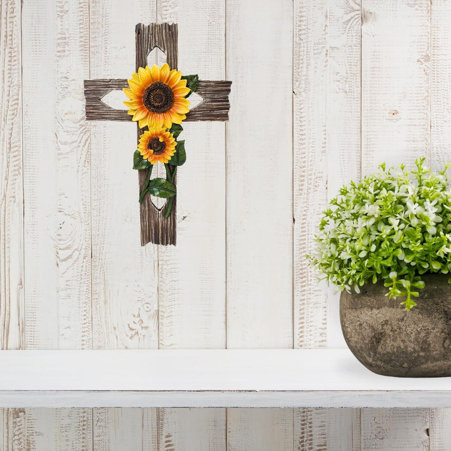 BestGiftEver Rustic Faux Wood Wall Cross with Sunflower Design