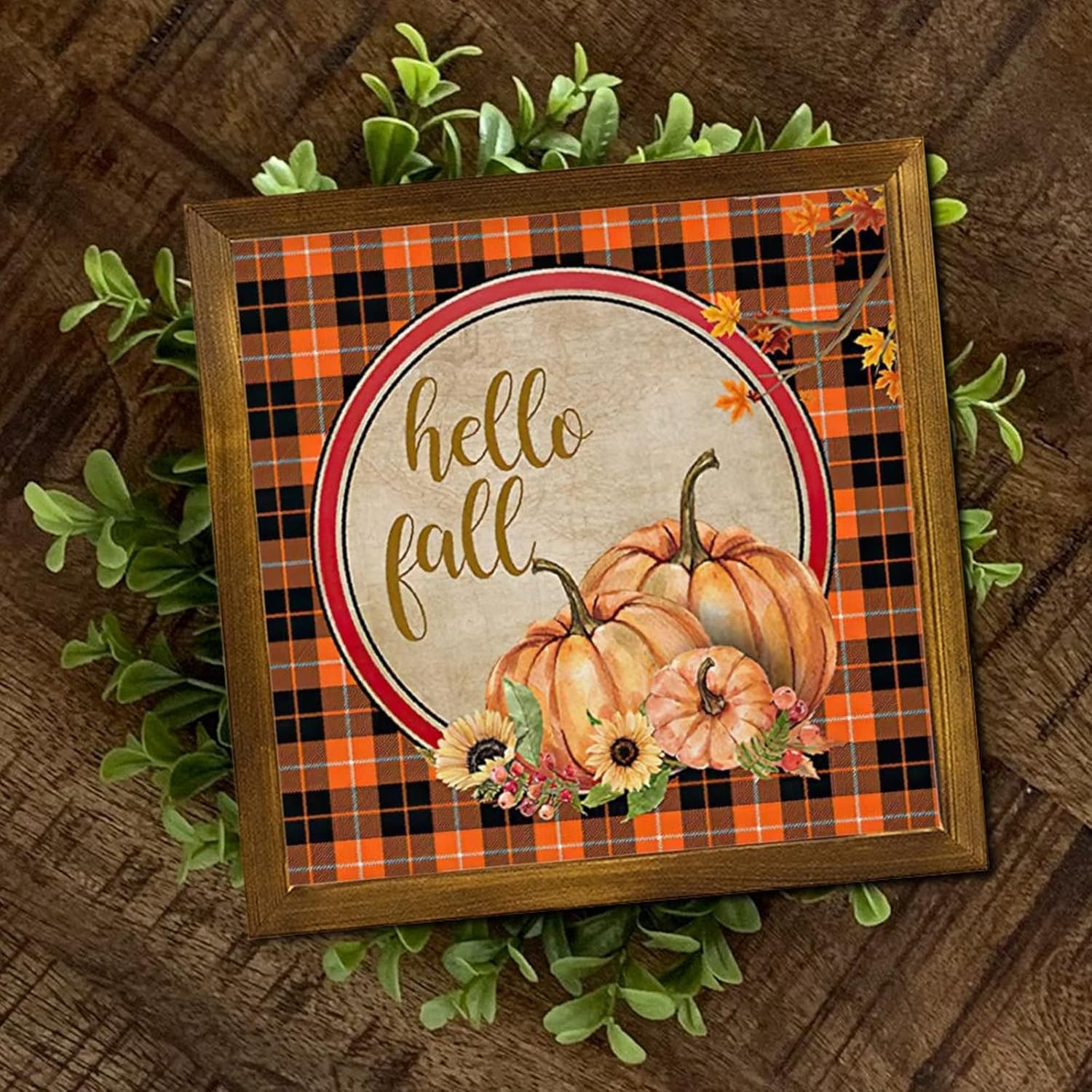 Hello Fall Buffalo Plaid Pumpkin Framed Wood Sign 12x12