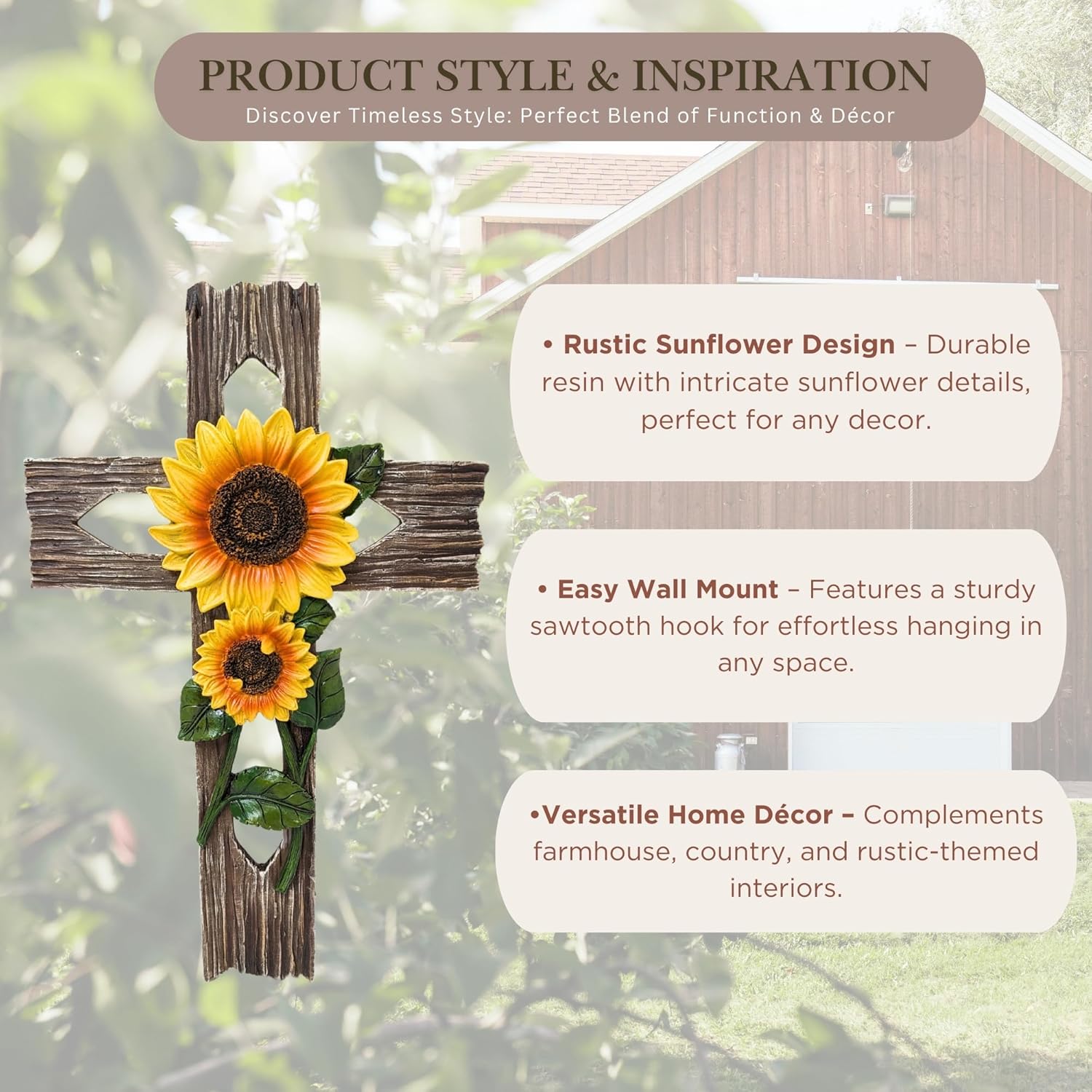 BestGiftEver Rustic Faux Wood Wall Cross with Sunflower Design