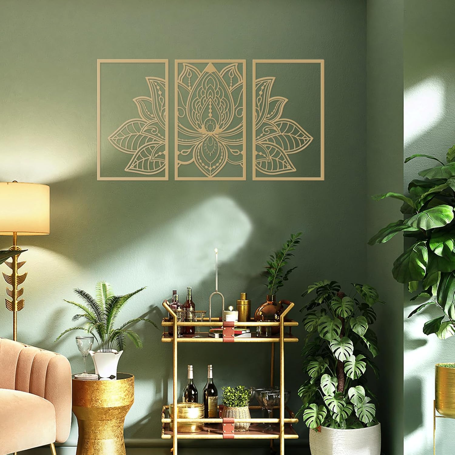 ESTART 3 Pcs Lotus Flower Metal Wall Art Decor Gold