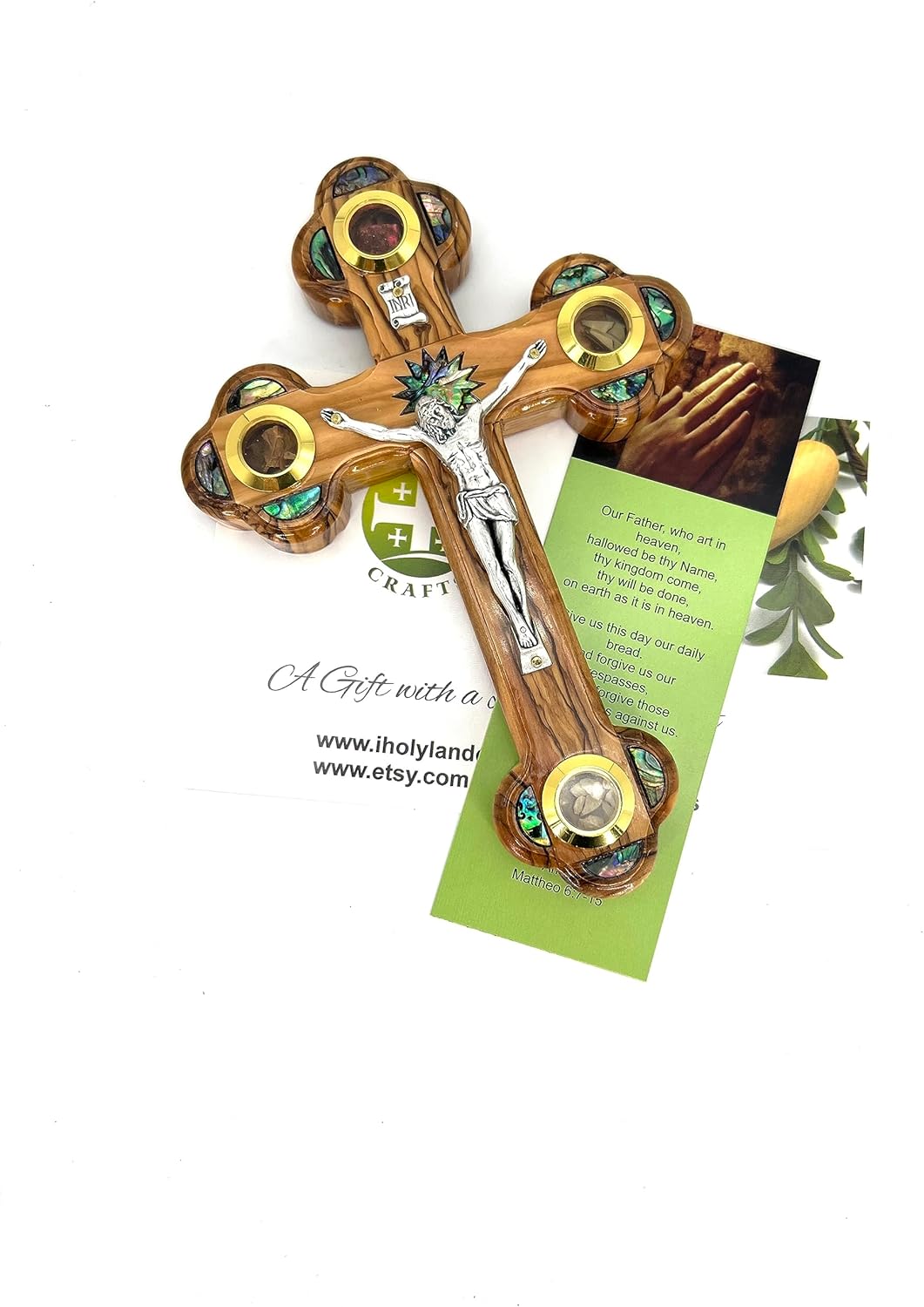 9 Inch Handmade Olive Wood Wall Cross with Relics