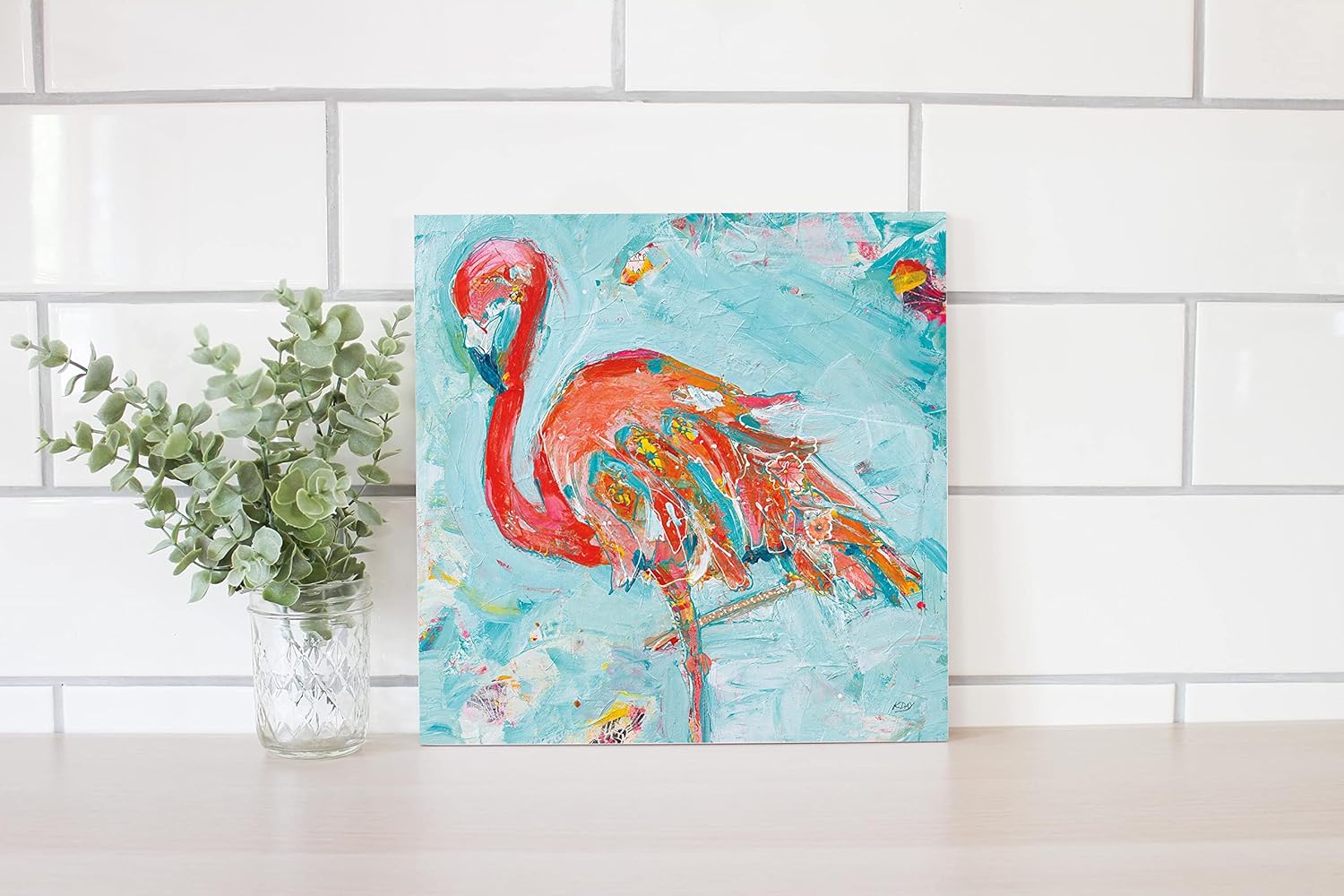 Flamingo Bright Wood Plaque 12x12 Wall Hanging