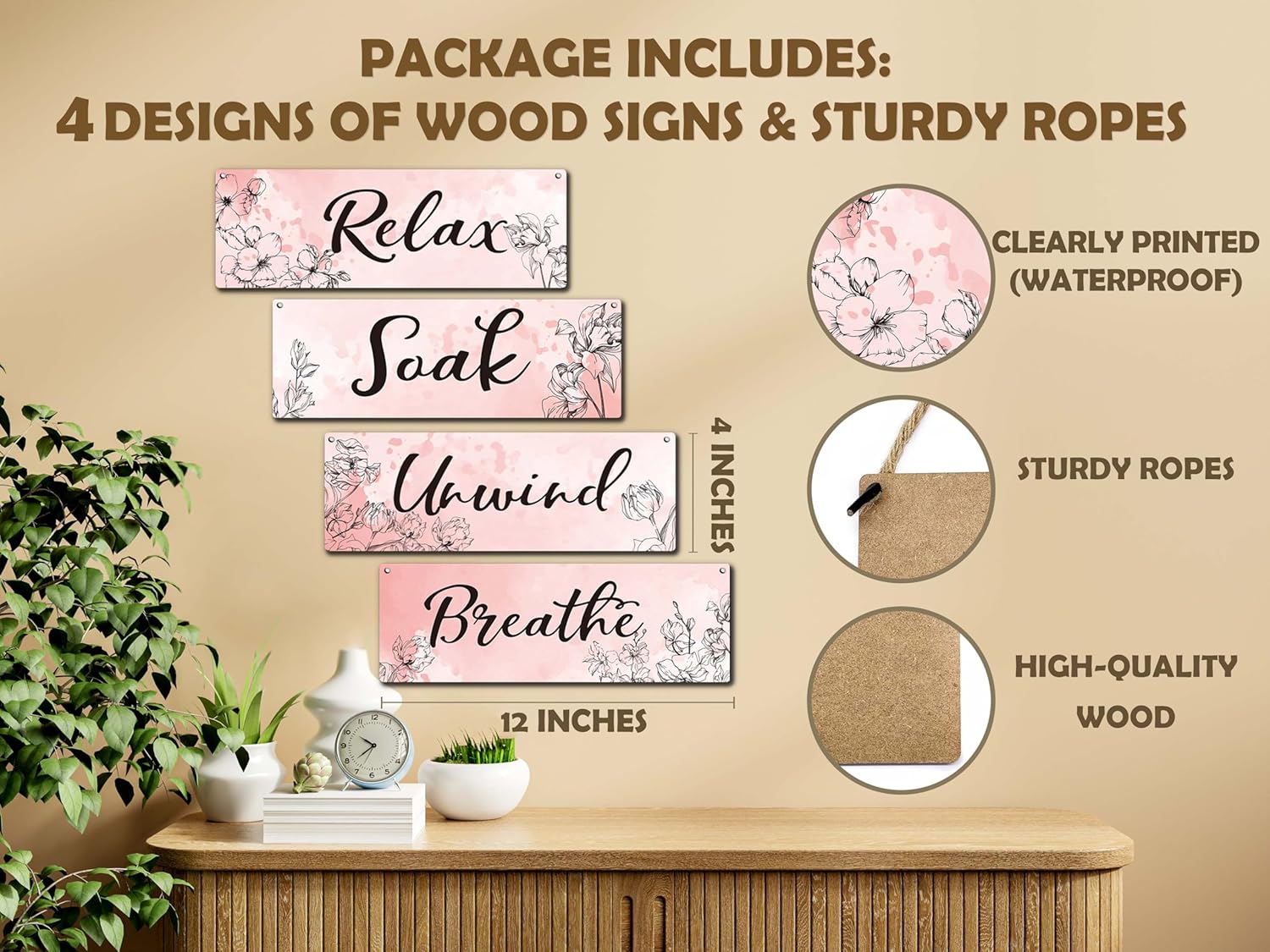 4 Piece Pink Wooden Wall Sign With Rope Decor
