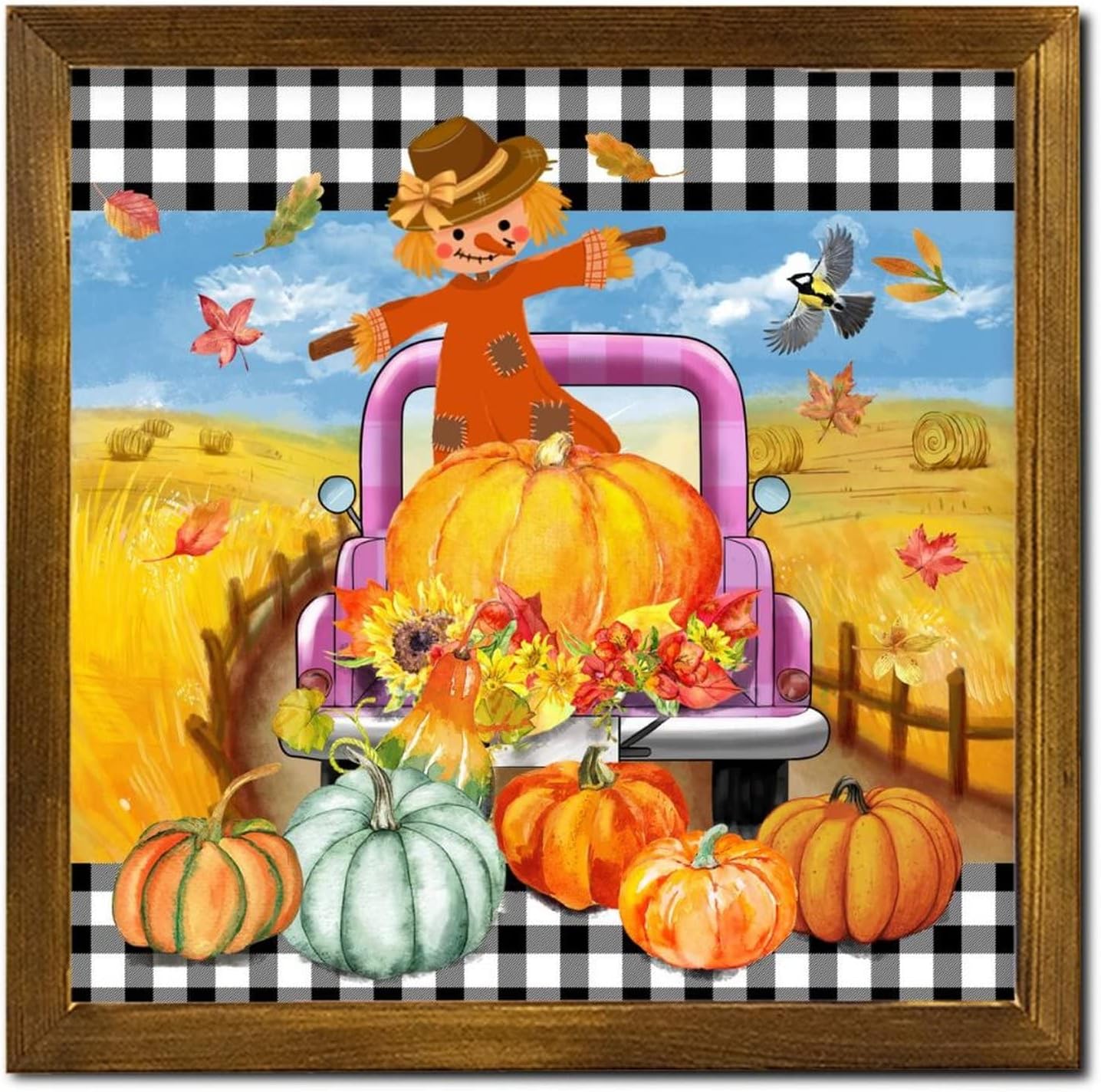 Thanksgiving Scarecrow Plaid Truck Framed Wood Sign