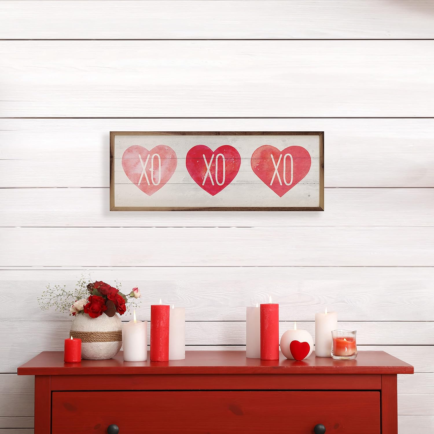 XO Hearts Whitewash Wall Decor Wooden Sign Valentines Day