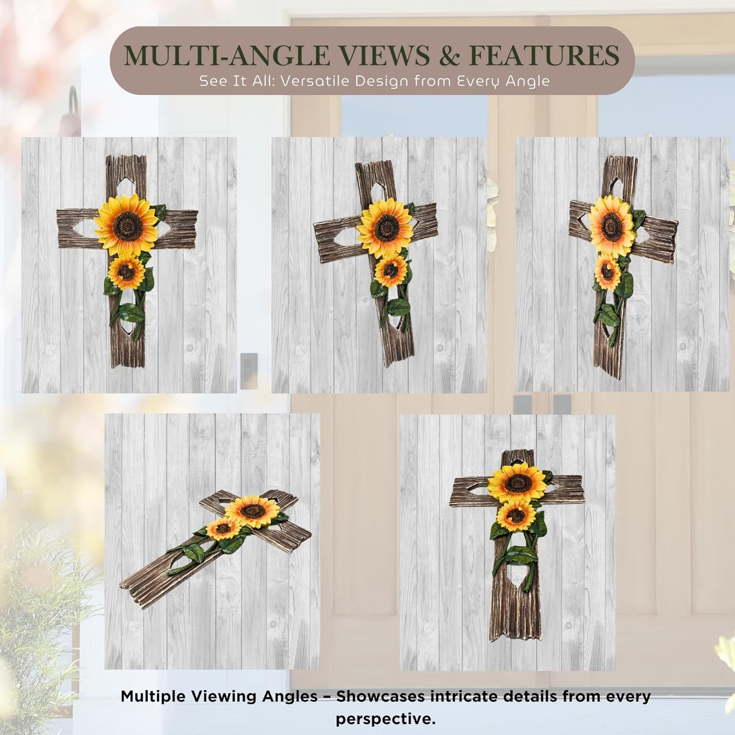 BestGiftEver Rustic Faux Wood Wall Cross with Sunflower Design