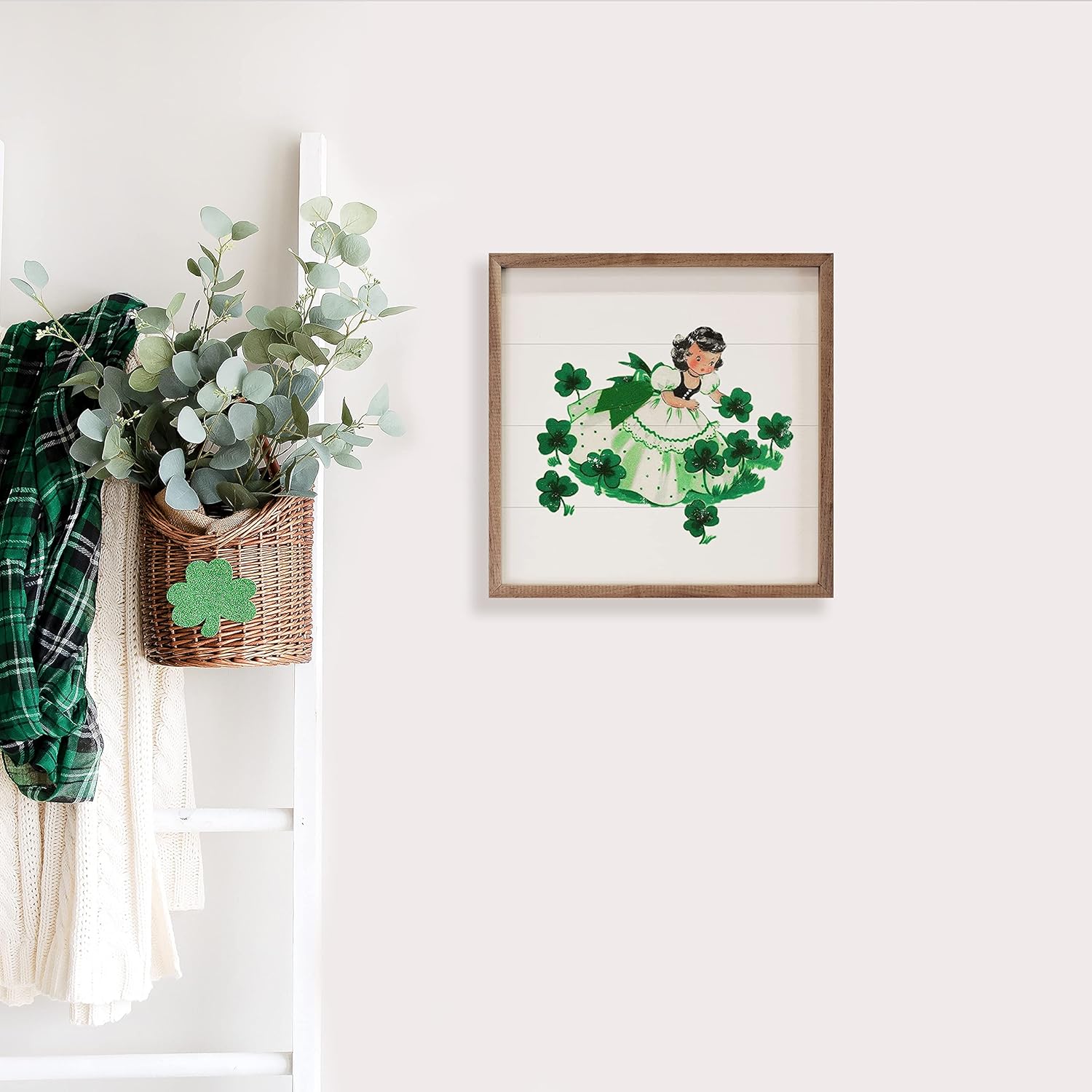 Girl Picking Shamrocks St Patricks Day Wooden Wall Sign Decor