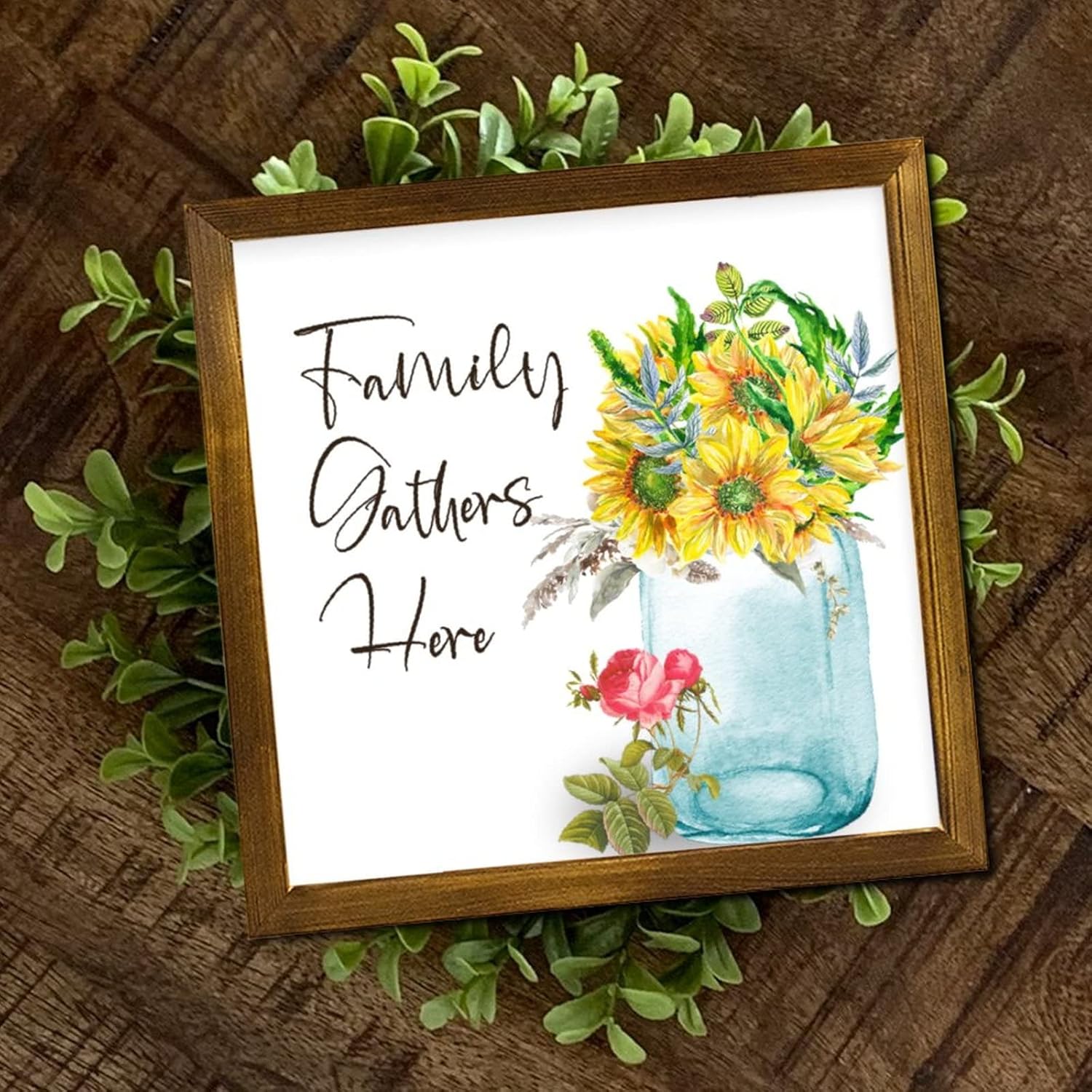 Family Gathers Here Wood Framed Spring Sunflower Wall Decor
