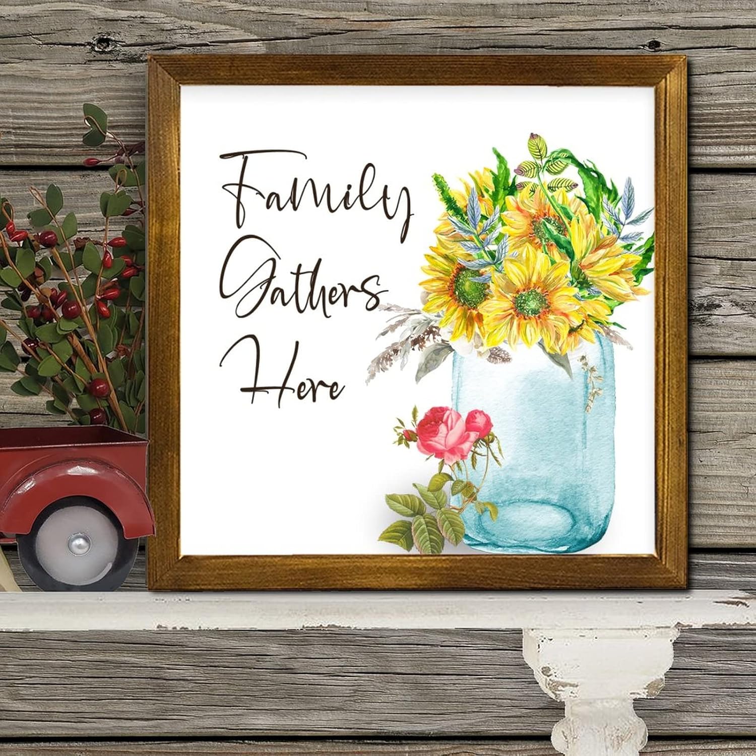 Family Gathers Here Wood Framed Spring Sunflower Wall Decor