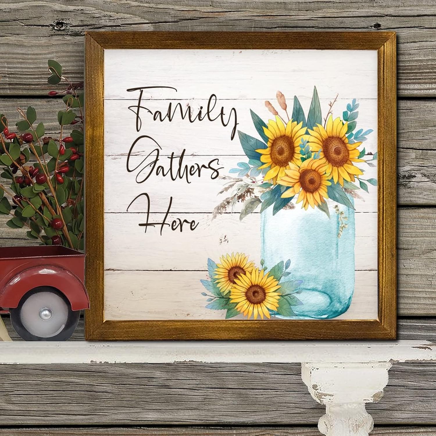 Family Gathers Here 12x12 Inch Farmhouse Wooden Wall Sign