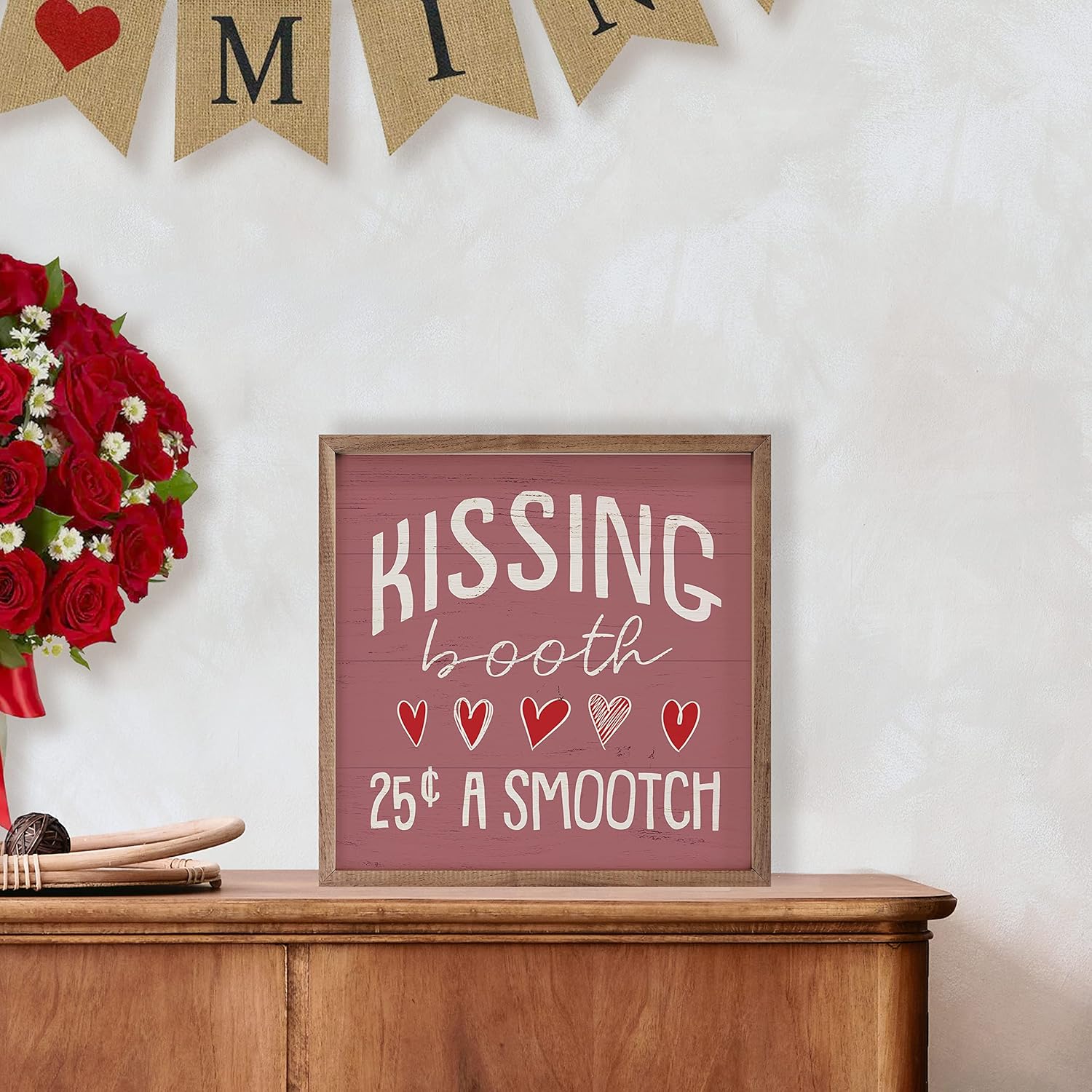 Kissing Booth Smootch Hearts Pink Valentine Wall Decor Wooden Sign
