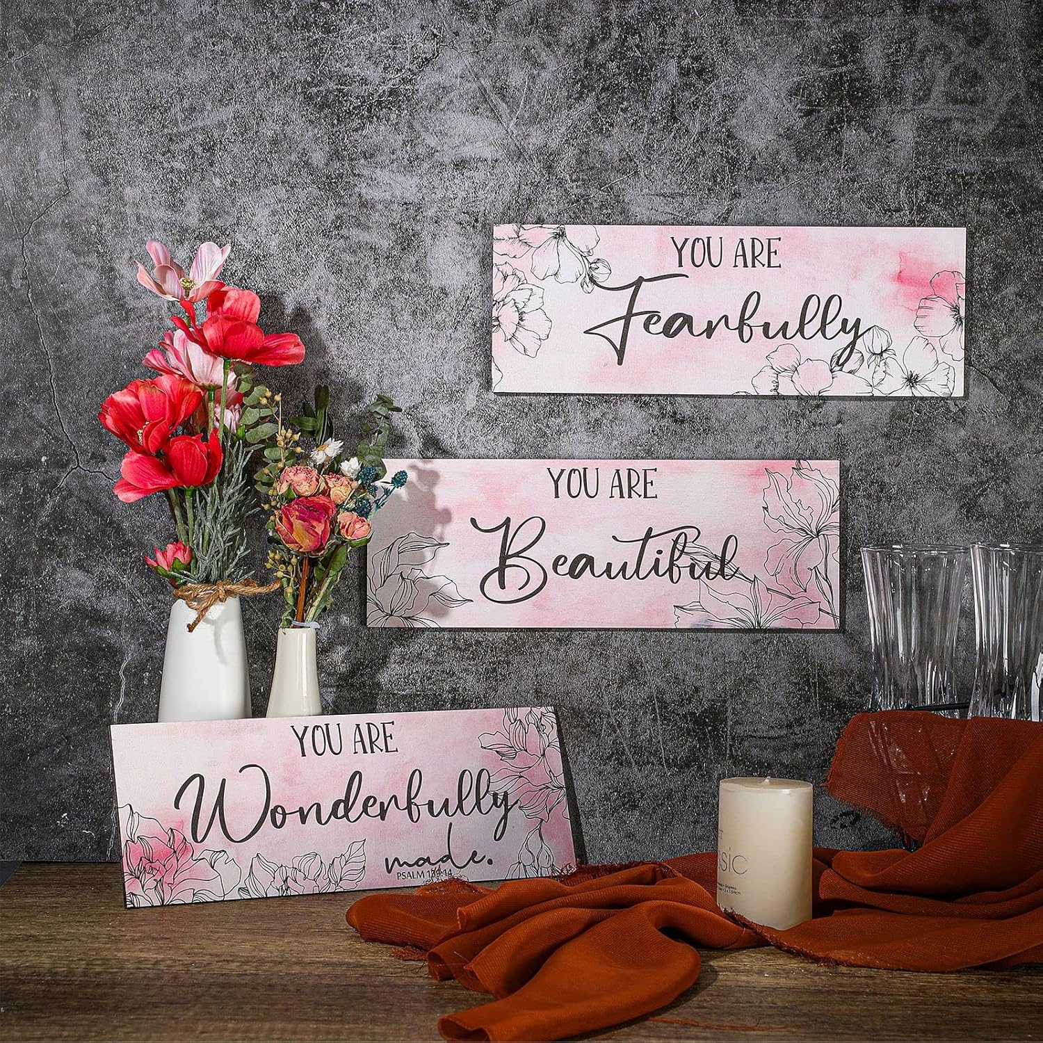 Yookeer 3 Pcs Pink Floral Wall Decor Set