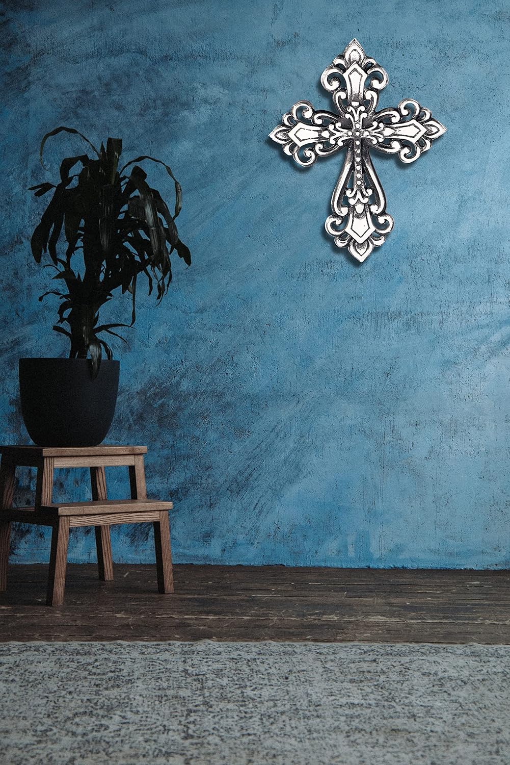 Ardour Antique Silver and Black Wall Cross Home Decor